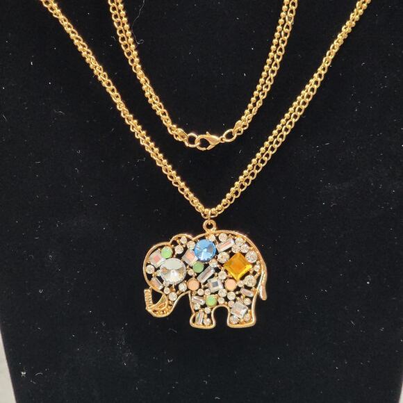 Crystal Embellished Elephant Gold Tone Double Chain 15" Drop Pendant Necklace - Picture 7 of 16